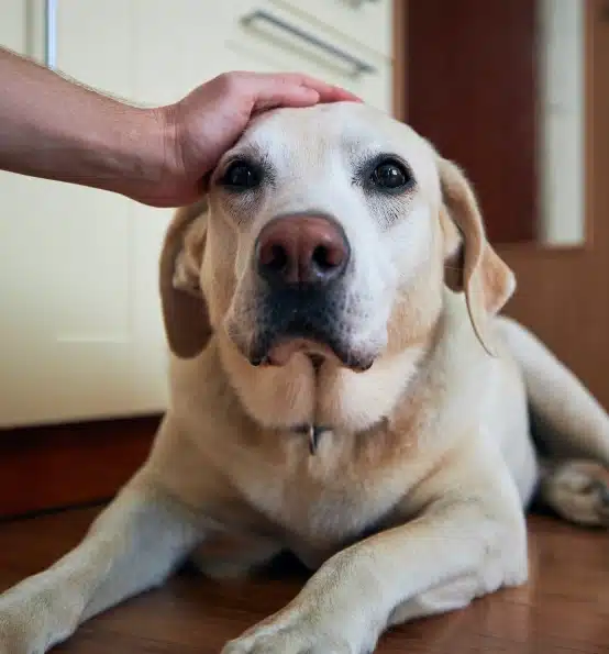 Yellow Labrador retriever lying on the floor while owner pets its head